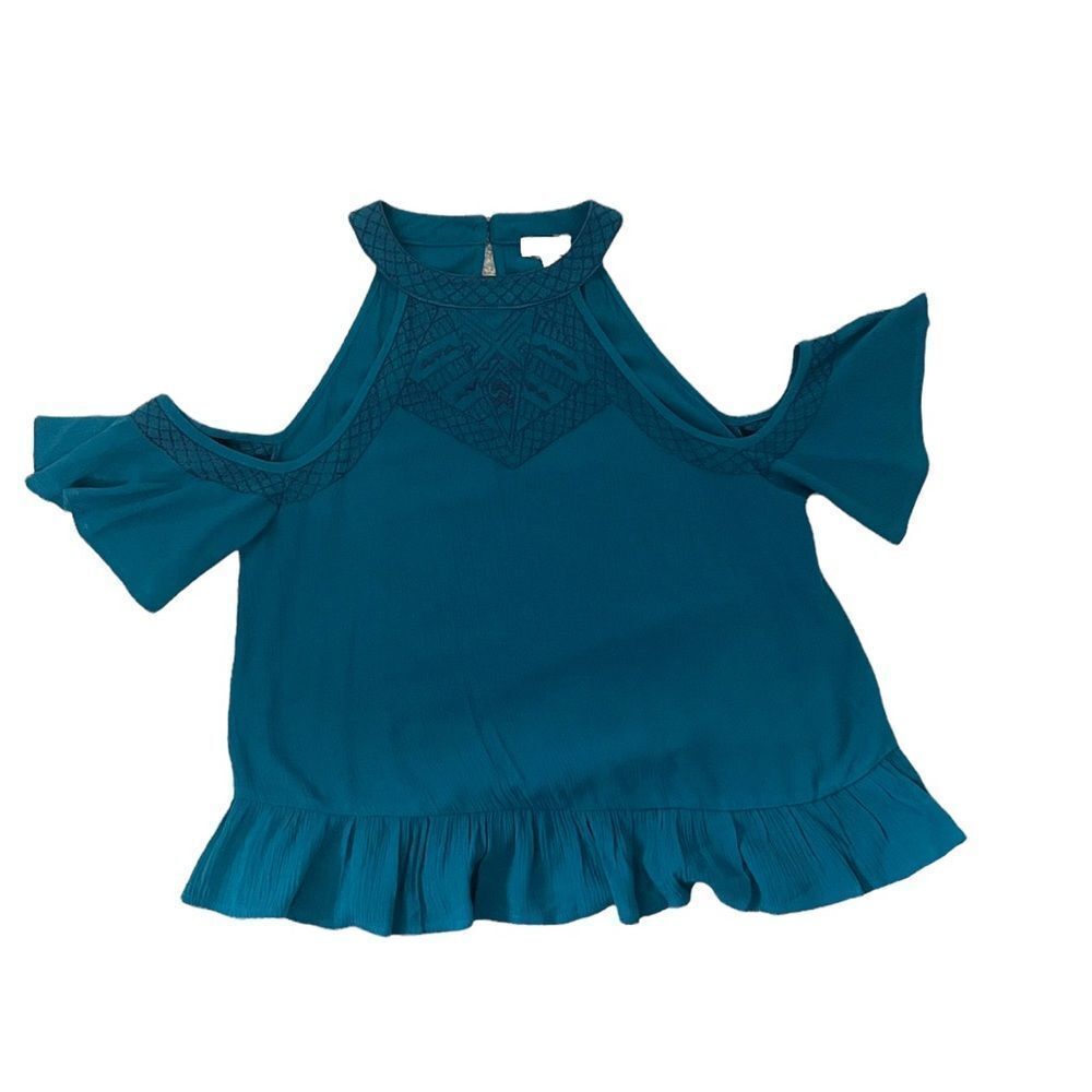 🟢Love, Fire Teal Cols Shoulder Embroidered Top Blouse Size XS